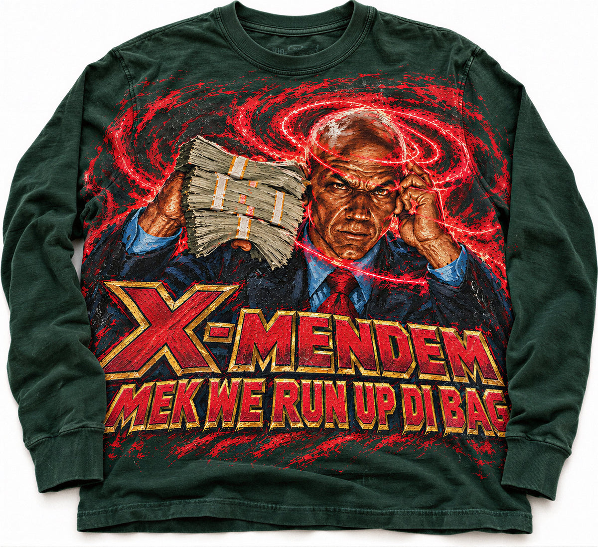 X-MENDEM MEK WE RUN UP DI BAG long-sleeve tee, dark green — enhanced